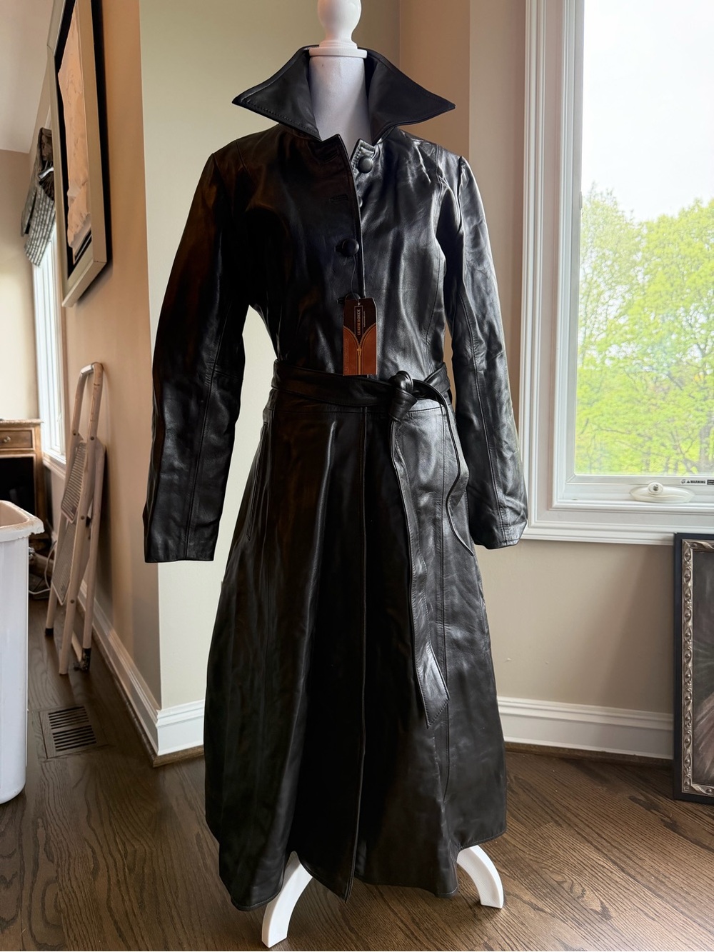 Women's Black Leather Trench Coat with Belt